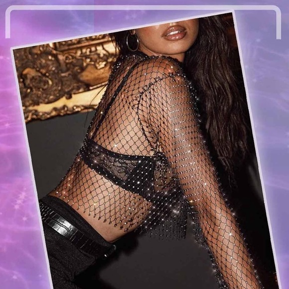 Mesh Crystal Long Sleeve See Through Top - Picture 5 of 7